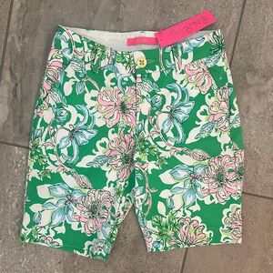 Lilly Pulitzer Green Floral Print Bermuda Shorts with Pink & Light Blue Accents